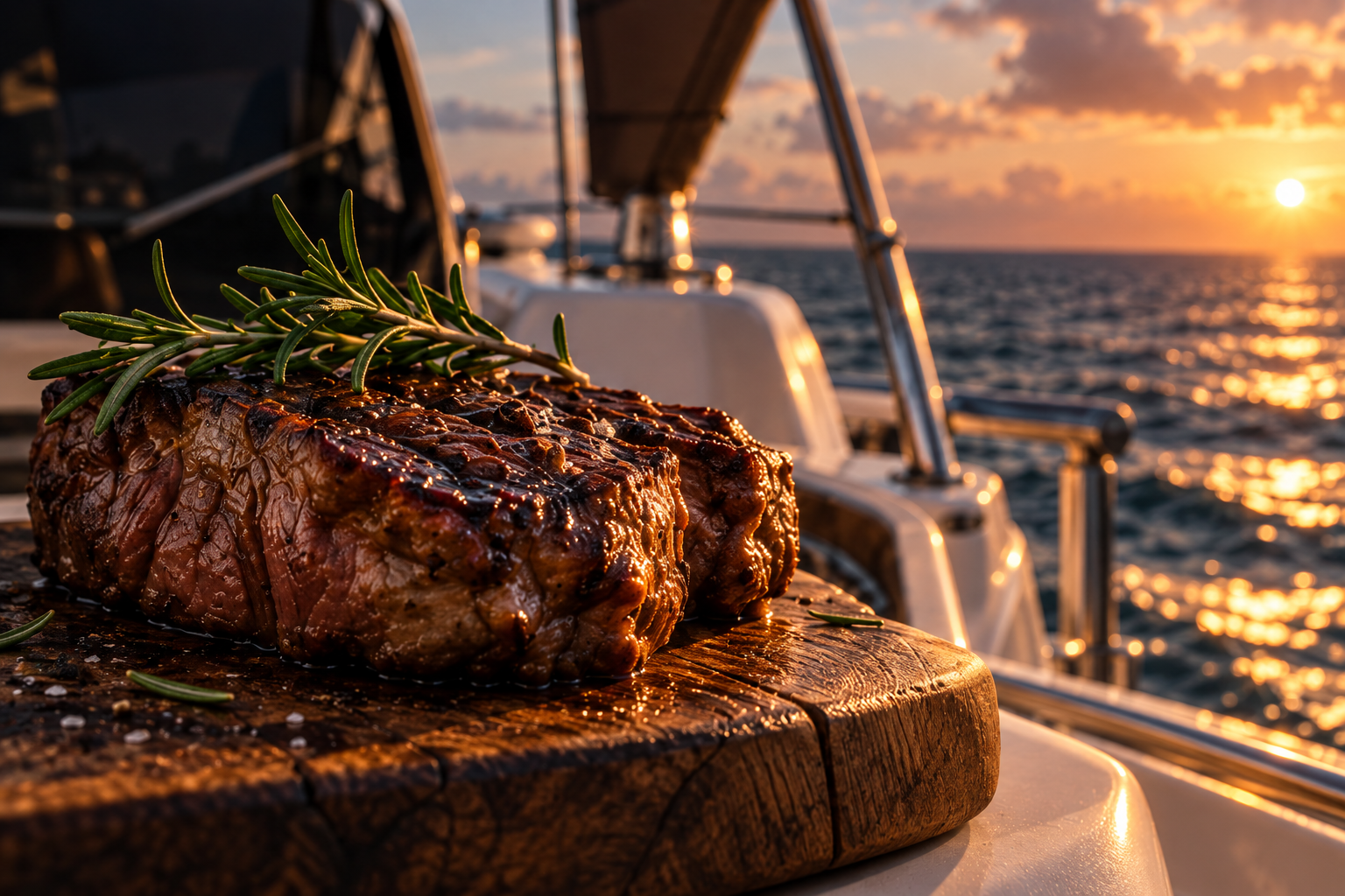 Carne grelhada com alecrim a bordo, com o mar ao fundo